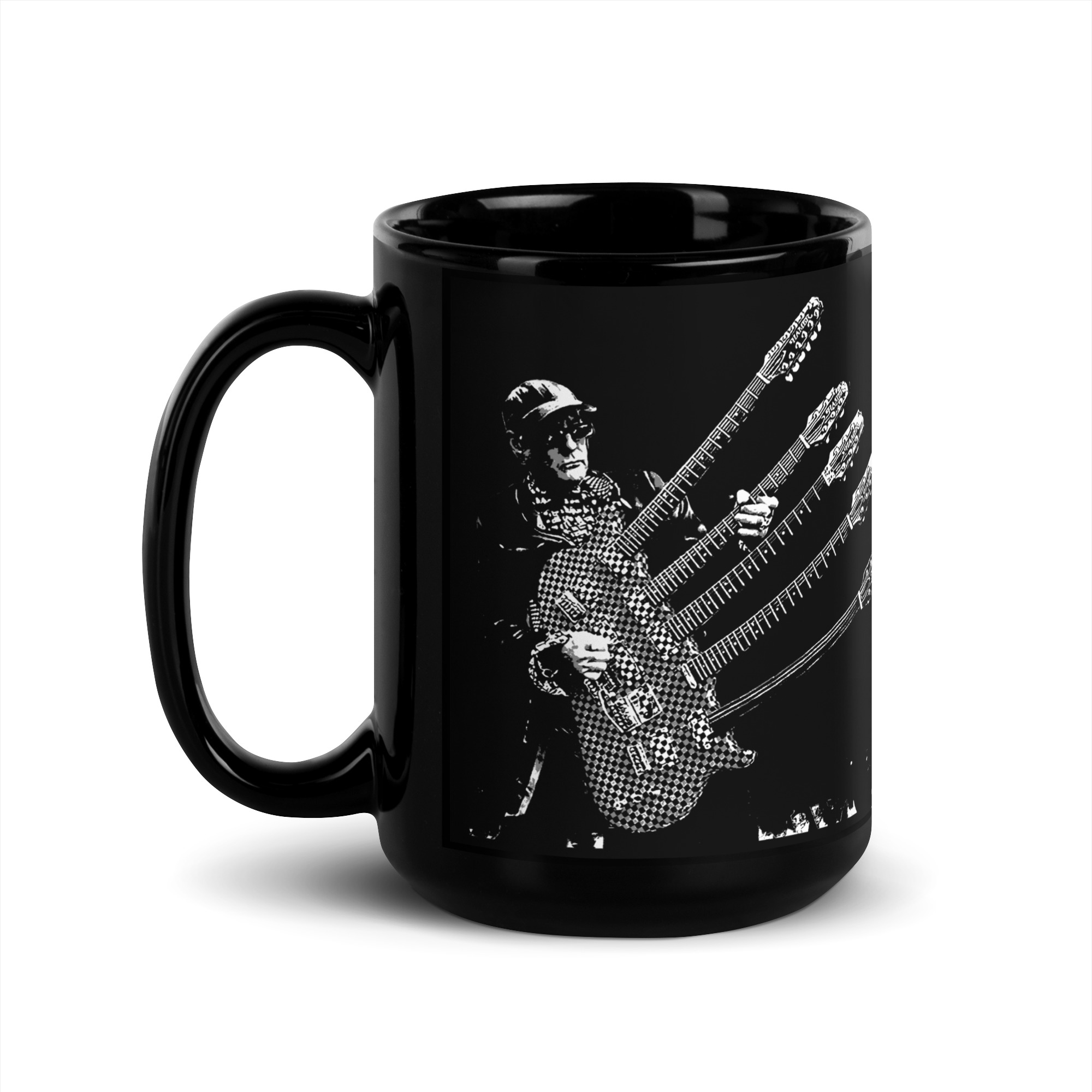 Rick Nielsen Five-Neck Guitar 15 oz Black Coffee Mug – Cheap Trick Guitarist - Image 2