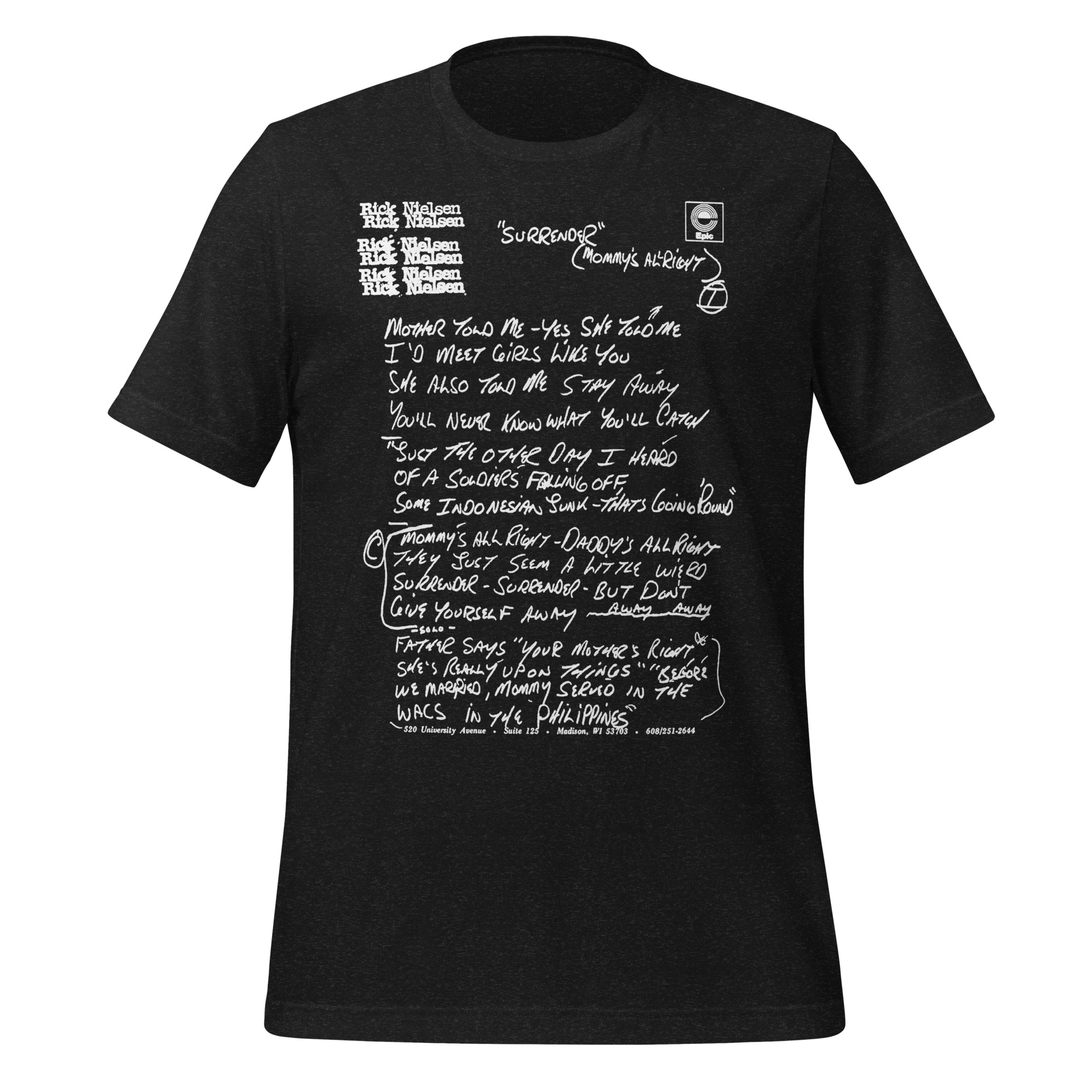 Rick Nielsen Surrender Handwritten Lyrics Black Heather T-Shirt – Cheap Trick Tee